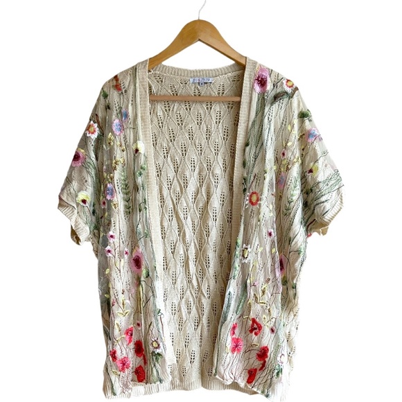 🌹2 for $20🌹 DJ&JUJU Mesh Lace Floral Embroidered Knit Crochet Cardigan. Size M - Picture 1 of 8